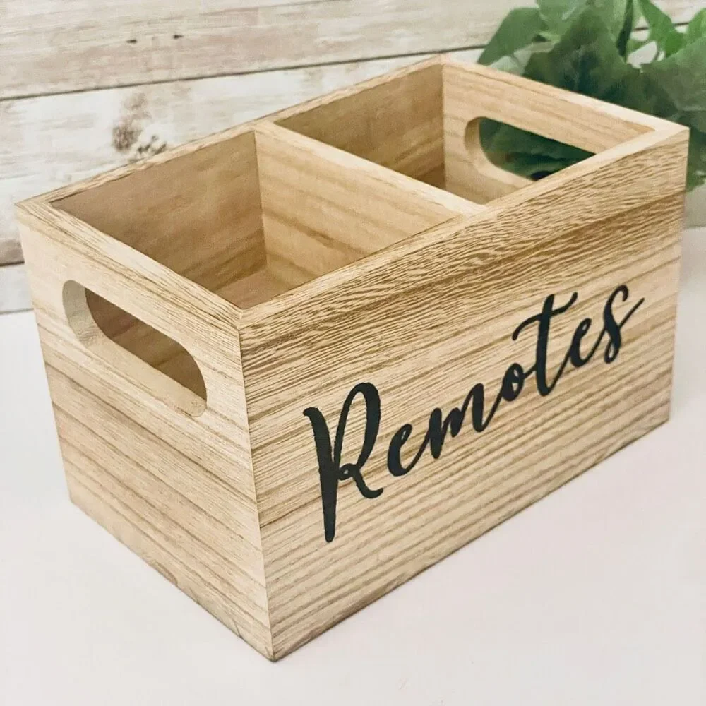 NWT Farmhouse Black Wood Remotes Graphic 2 Slots Minimalist Holder Organizer